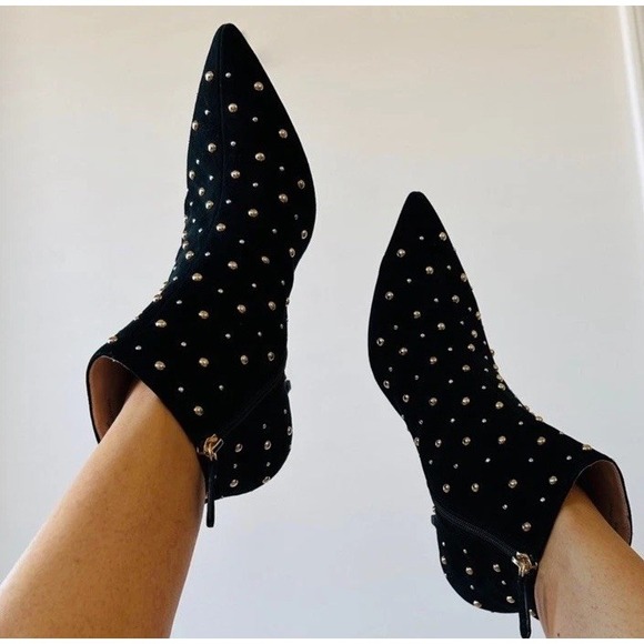 Kate Spade Starr Studded Ankle Boots Black Kid Suede Size 8.5M New Defaced